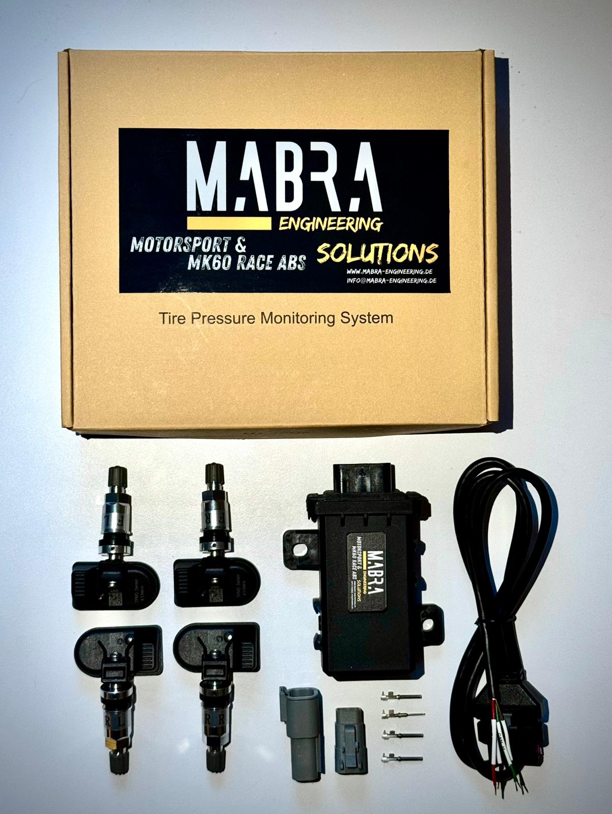 MaBra TPMS-Set mit vier Radsensoren, CAN-Empfänger, Anschlussleitung und Steckverbindern. Erweiterbar auf beliebeig viele Radsensoren bzw. Radsätze.