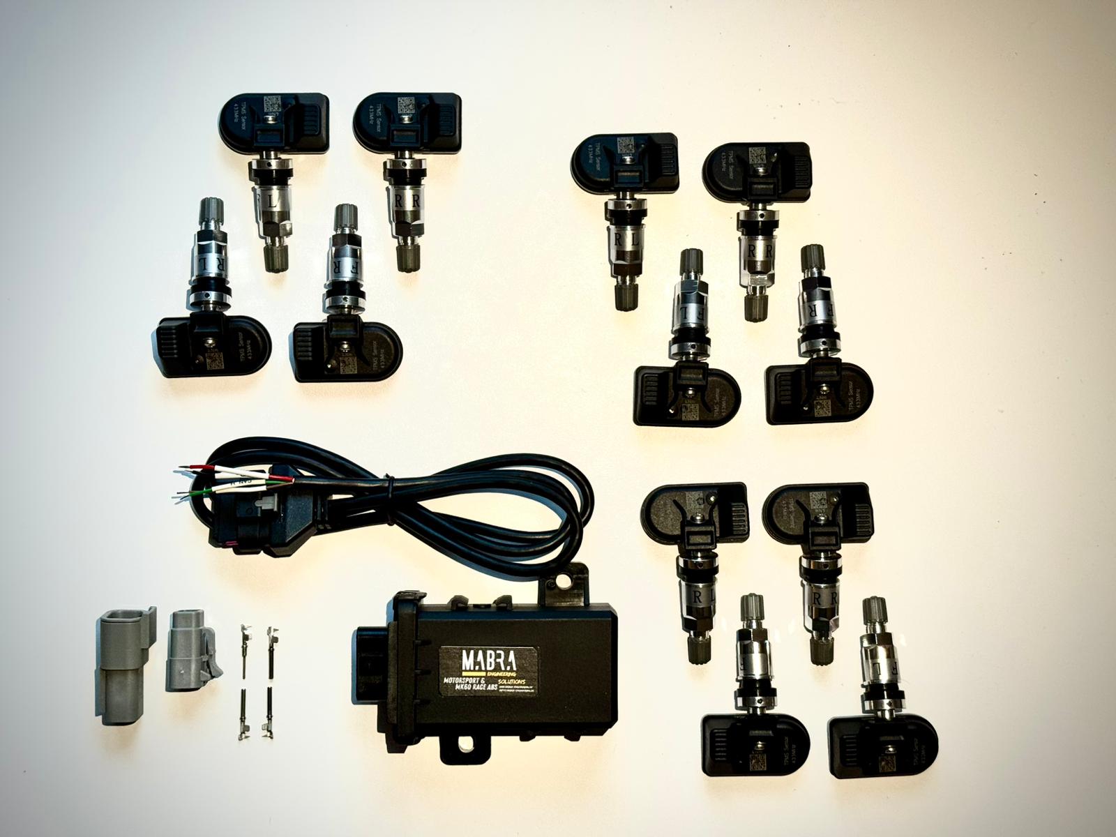 MaBra CAN-TPMS-Empfänger mit zwölf Radsensoren, Anschlussleitung und Steckverbindern